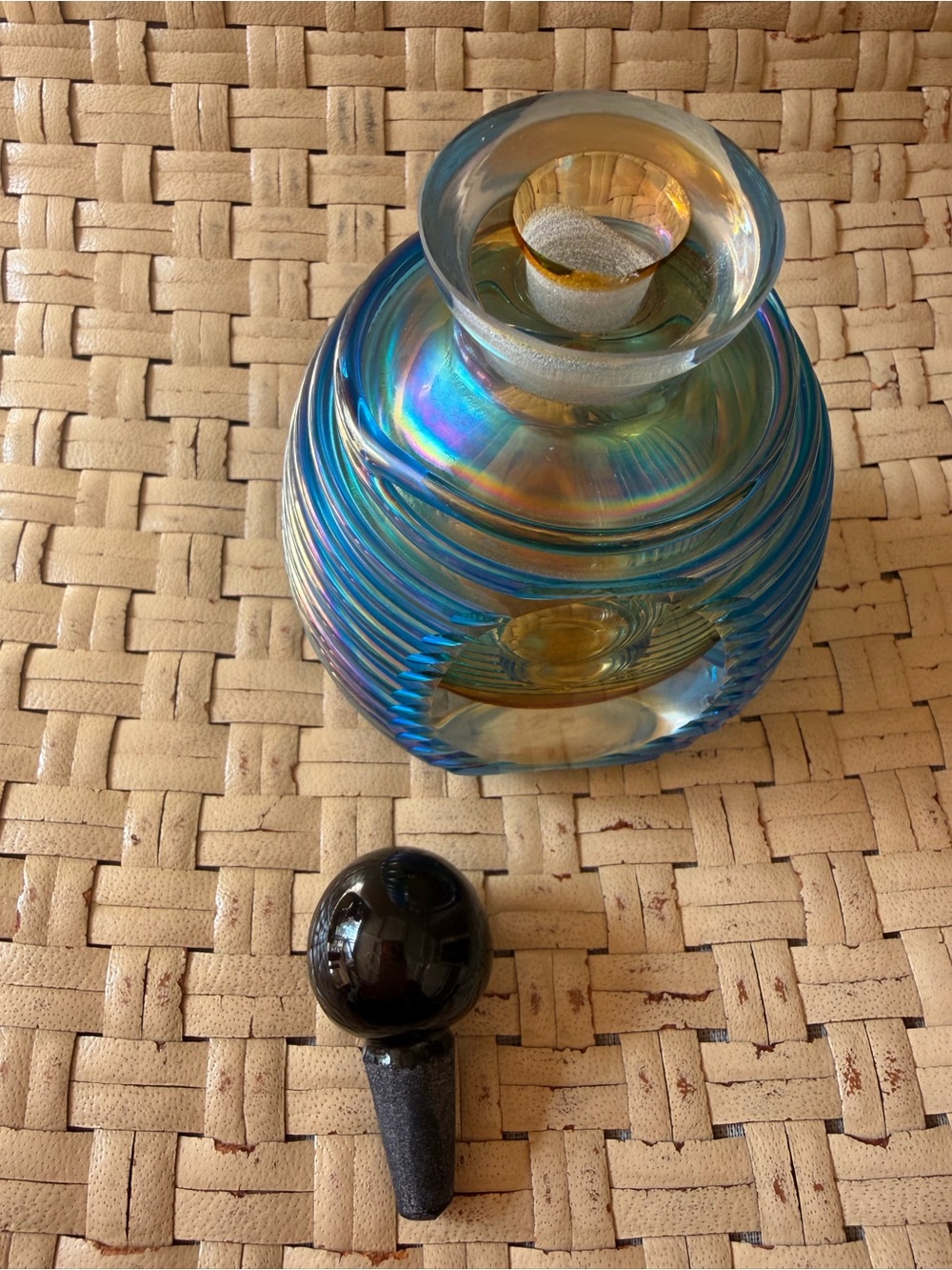 Blue Iridescent Vintage Art Glass Perfume Glass Decorative Bottle Black Stopper - Picture 5 of 7